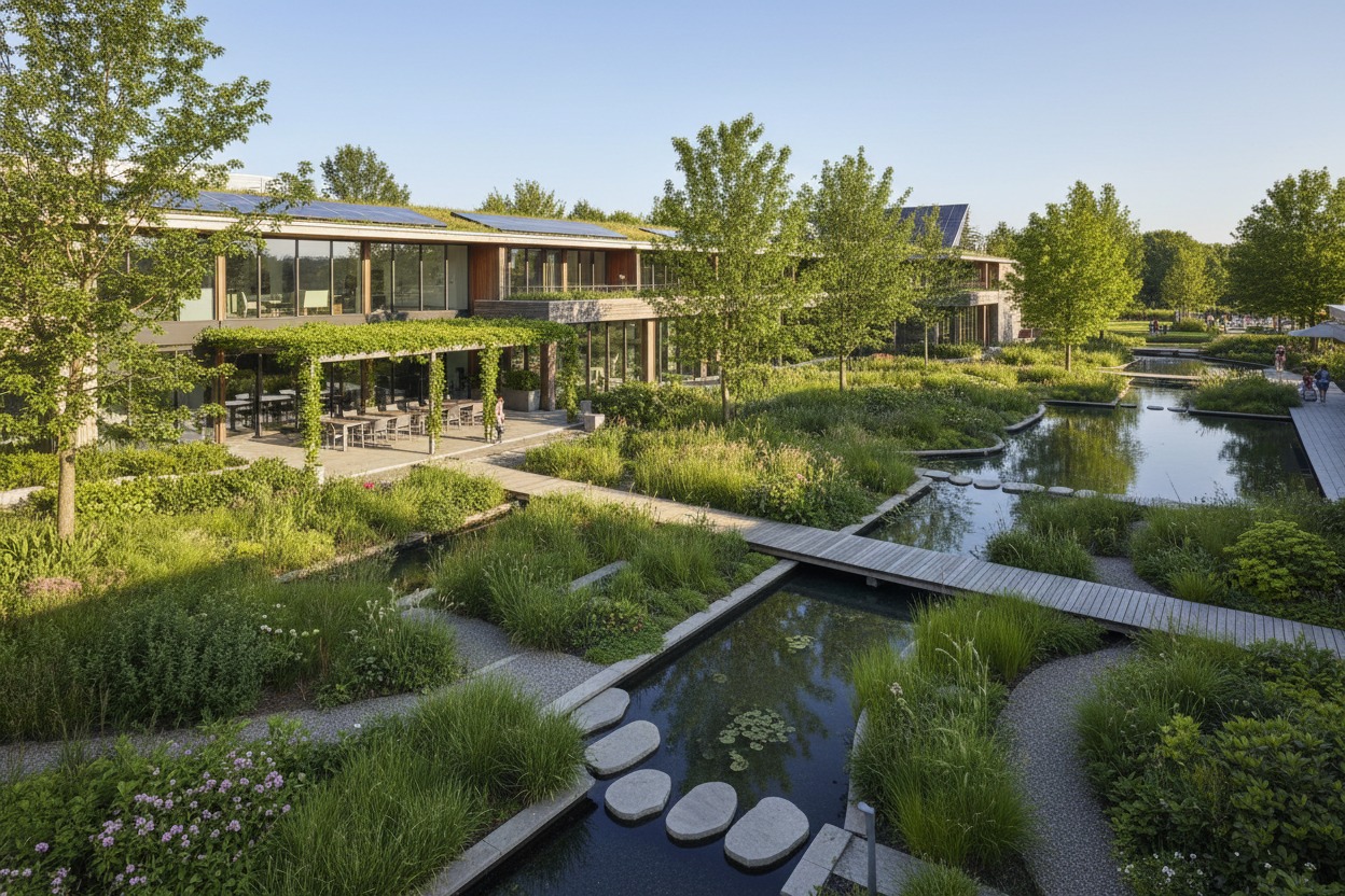 Un moderno edificio a due piani con pannelli solari sul tetto è circondato da un rigoglioso giardino con laghetti, passerelle in legno e alberi.